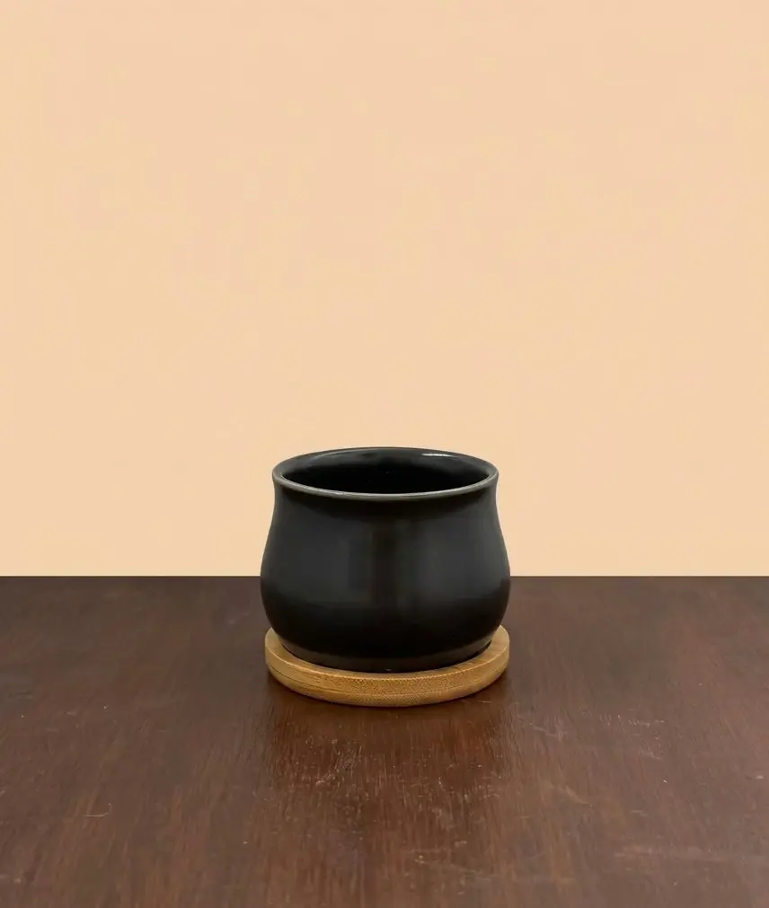 Black Planter with Bamboo Saucer