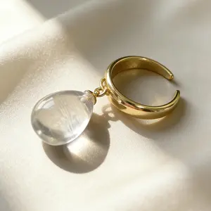 Clear Quartz Teardrop Dangle Ring | Crown Chakra Healing Stone, Cleanses Negative Energy, Eases Anxiety & Boosts Spirituality. Luxury Gold Setting. Top choice for daily commutes, office & gifting. Perfect clear protective ring for besties & colleagues