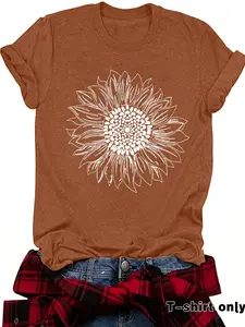 Women's Sunflower Print Round Neck Tee, Vintage Trendy Casual Short Sleeve T-shirt for Daily Wear, Ladies Summer, Top