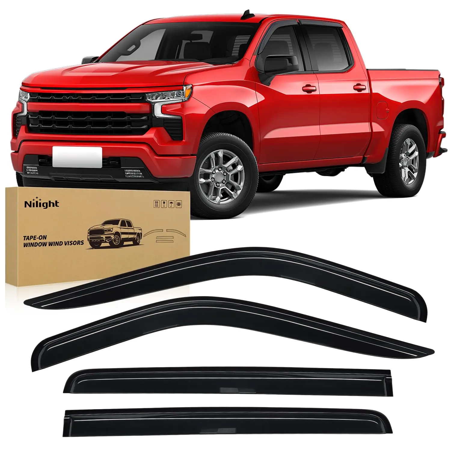 Nilight 4PCS Tape-On Acrylic Window Wind Visors - Rain Guards, Window Rain Guard, Vehicle Exterior Accessories, Heat-Bonded, Reduces Wind Noise, Prevents Mirror Fogging, for Chevy Silverado/GMC Sierra 1500 Crew Cab 2019-2024