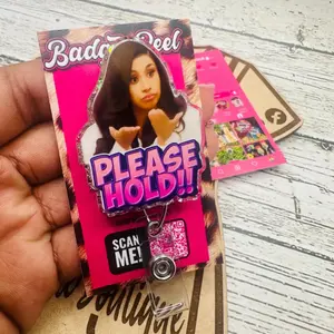 Aesthetic Iridescent  Badge Reel With "Please Hold" Design - Durable Retractable Acrylic ID Clip For Medical And Administrative Staff - Fun Graduation And Promotion Gift