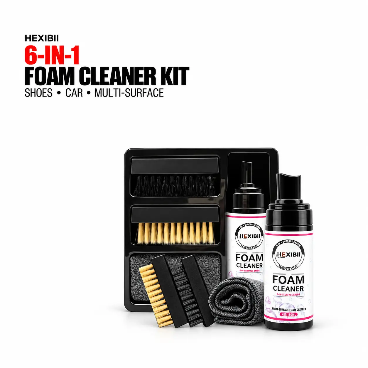 Multi-Purpose Magic Foam Cleaning & Care Kit (1 Kit) - 5.3 oz Multi-Surface Foam Cleaner, 2 Shoe Brushes, 1 Microfiber Wipe for Shoes, Car - Nubuck, Leather, Suede Cleaning & Care