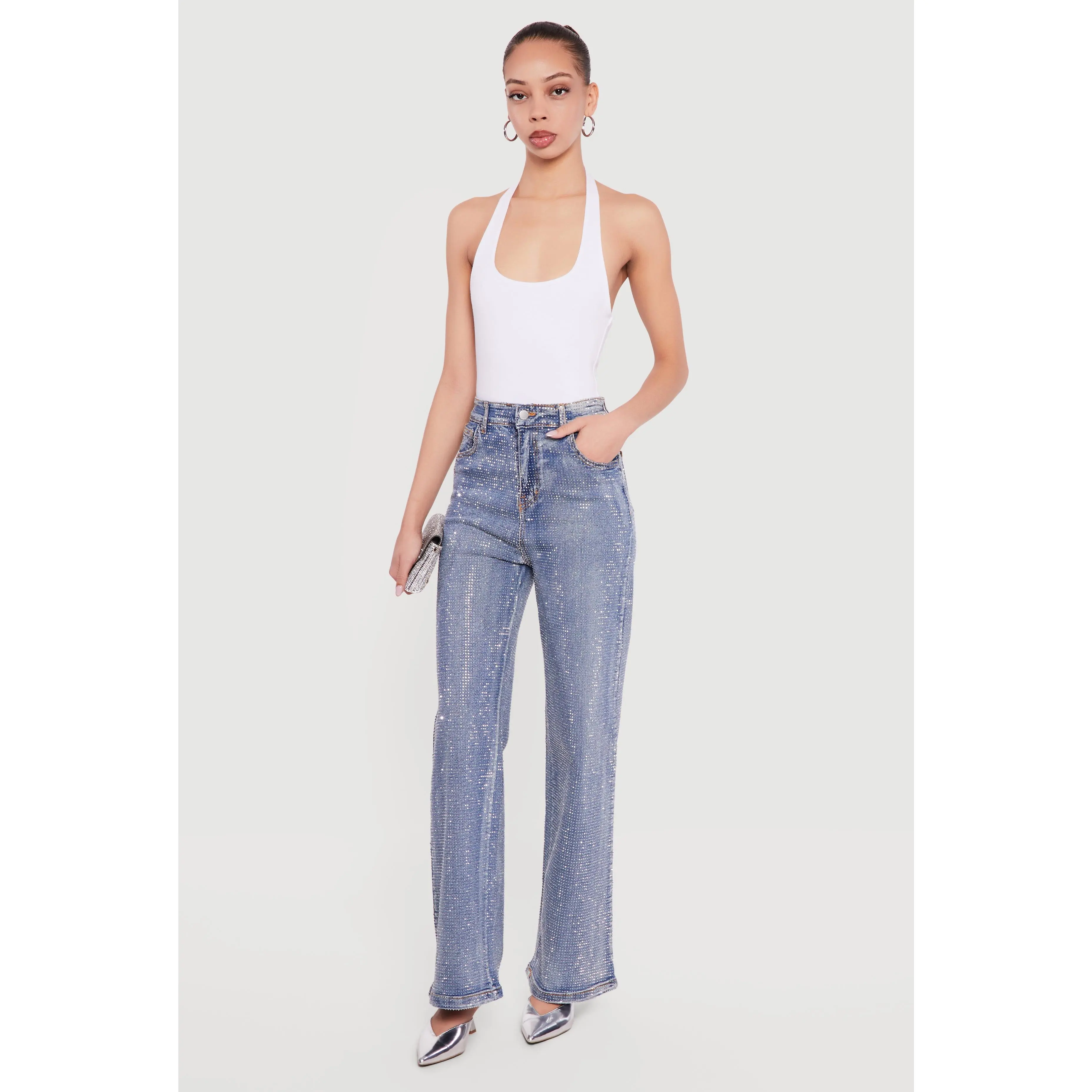 Rhinestone Studded High Waisted Straight Leg Jeans