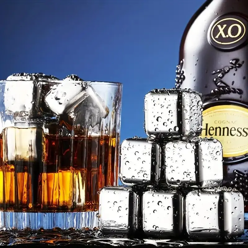 Stainless Steel Ice Cube with Ice Clip, 1 Box Quick Freeze Ice Wine Stone Set, Metal Ice Ball Cooler for Wine and Whiskey, Home Bar Accessories