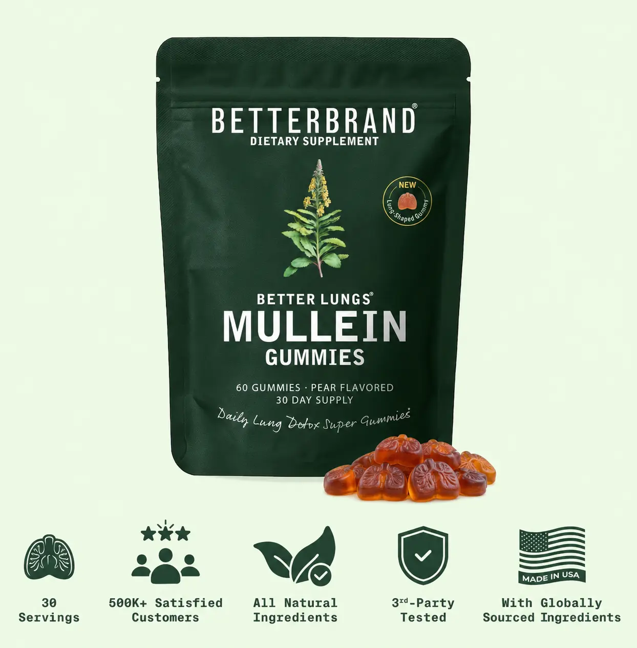 Betterbrand Mullein Lung Detox Gummies for Respiratory Health & Mucus Cleanse - 60 Pear Flavored Chewable Gummies - 30 Servings - Dietary Supplement for Respiratory Health Support