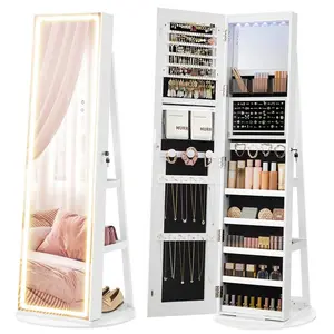 LED Jewelry Cabinet Standing, Lockable Armoire With Full-Length Mirror And Adjustable Lights, Space-Saving Organizer, Gift Idea