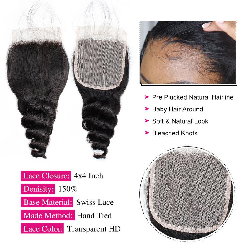 Loose Wave Human Hair Bundle with Closure Brazilian Virgin Hair Loose Wave Bundles Human Hair 3/4 Bundles with 4×4 Lace Closure
