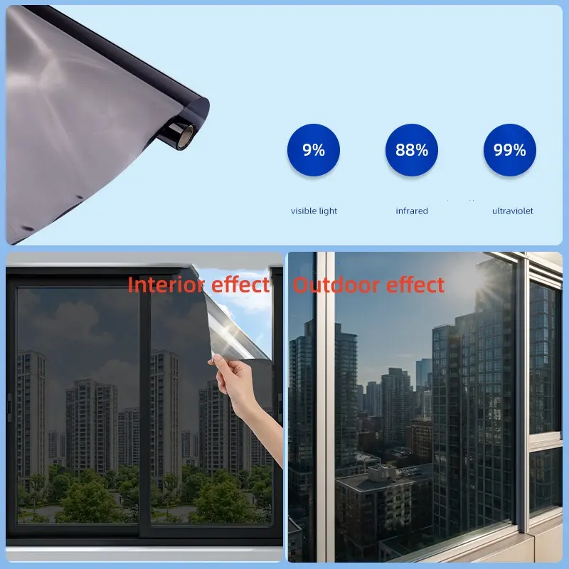 Black-Silver Static Cling 1-Way Mirror Window Film - Daytime Privacy, Strong Heat Rejection Home Decor Window Sticker