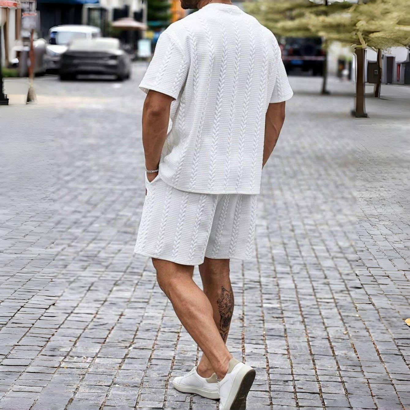 Men's set, soft and comfortable casual sweatsuit with two pieces, solid color minimalist design, suitable for everyday wear, men's shorts Round Neck Plain Clothes Shortsleeve Menswear