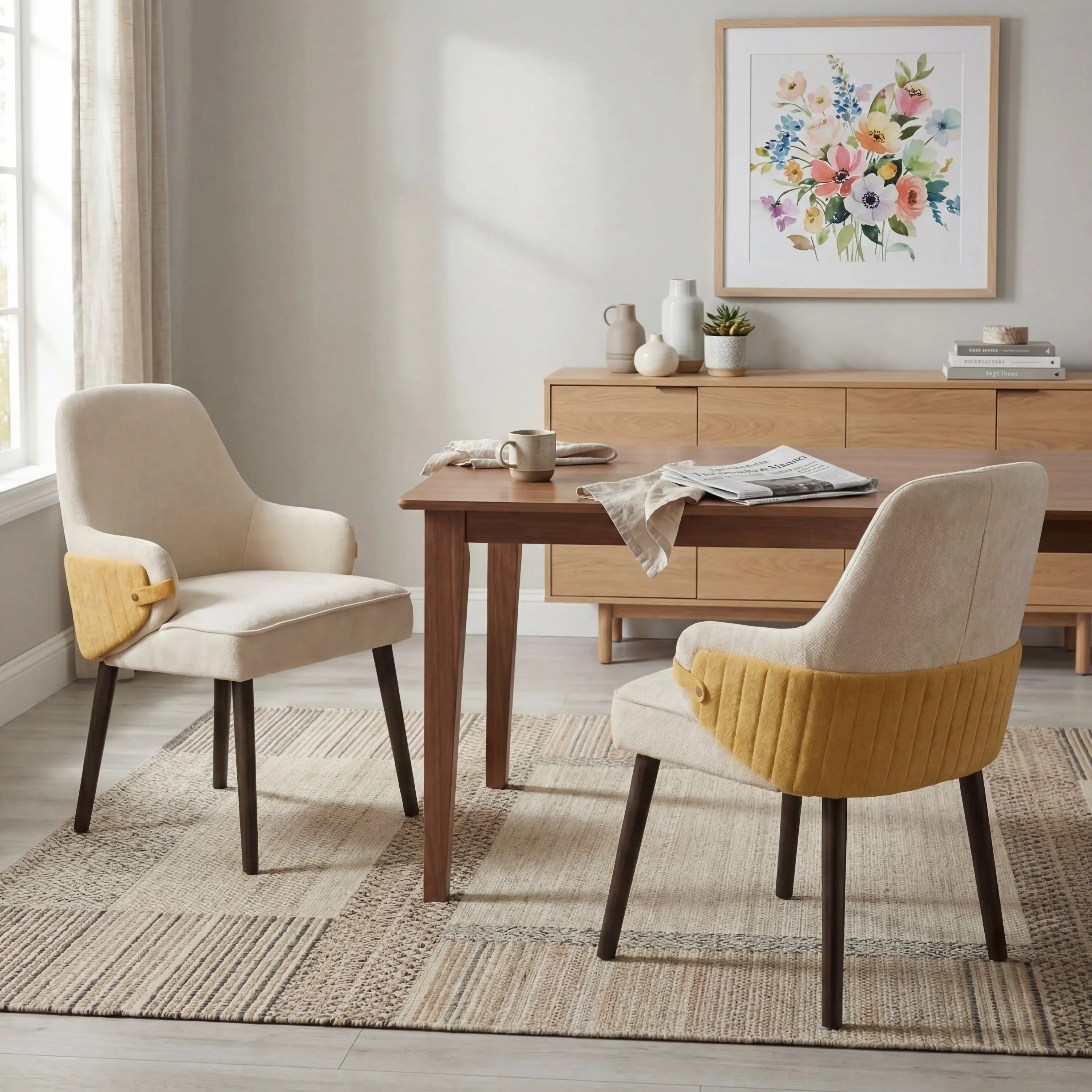 Modern Accent Chairs Set of 2, Two-Tone Beige Yellow Fabric Armchair with Sturdy Frame, Comfortable Dining Room Seating for Home Kitchen, 300lbs Capacity indoor furniture