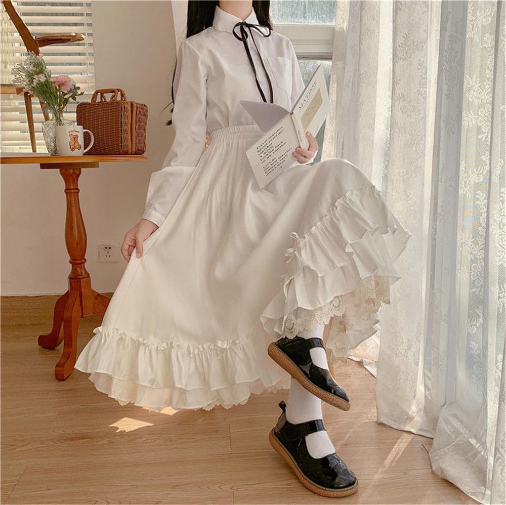 Solid Color Double Layer Vintage French Ruffled A-Line Pleated Skirt