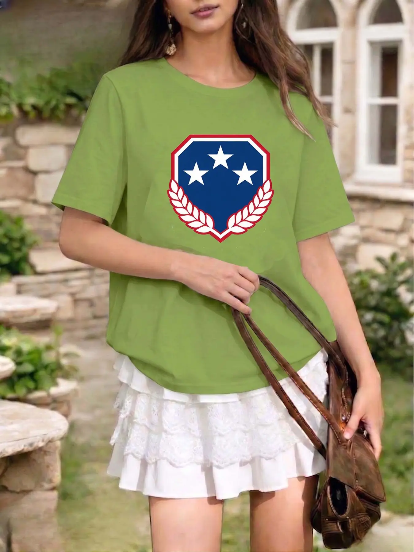 Women's Loose-Fit Round Neck T-Shirt, Usa Independence Day Memorial Summer Fashion, All over Print, Trendy American Logo Design