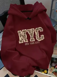 New Men's New York Pattern Printed Hoodie, Spring & Fall Loose Fit Long Sleeve Casual Sweatshirt with Pockets, Fashionable Daily Wear Top