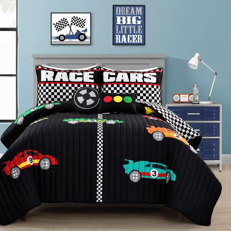 Lush Decor Racing Cars Quilt Set 4Pc or 5Pc - Microfibre Cartoon Pattern Blanket - Twin/Full/Queen Sizes with Reversible Shams & Decorative Pillows - OEKO-TEX Certified