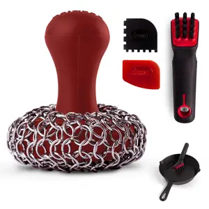 Cuisinel Cast Iron Cleaning Kit - Chainmail Scrubber + Brush + Pan Scraper - Remove Rust & Grease - Safe for Skillets, Dutch Ovens, Griddles - Pre-Seasoned Cookware Cleaner