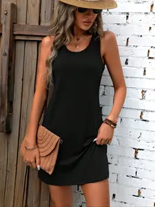 Women's Solid Color Sleeveless Fitted Vest Dress, Simple and Versatile for Office and Daily Wear, Basic Style Tank Top Skirt