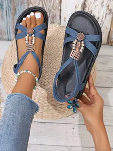 Women's Denim Blue Ethnic Thick Sole Sandals, Vintage Bohemian Style, Summer Comfortable Versatile Shoes, Easy Match for
