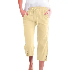 Women’s Casual Capris Loose High Waist Elastic Drawstring Pants with Pockets Lightweight Button Trim Trousers Errands & Beach Days Scrunched Shorts