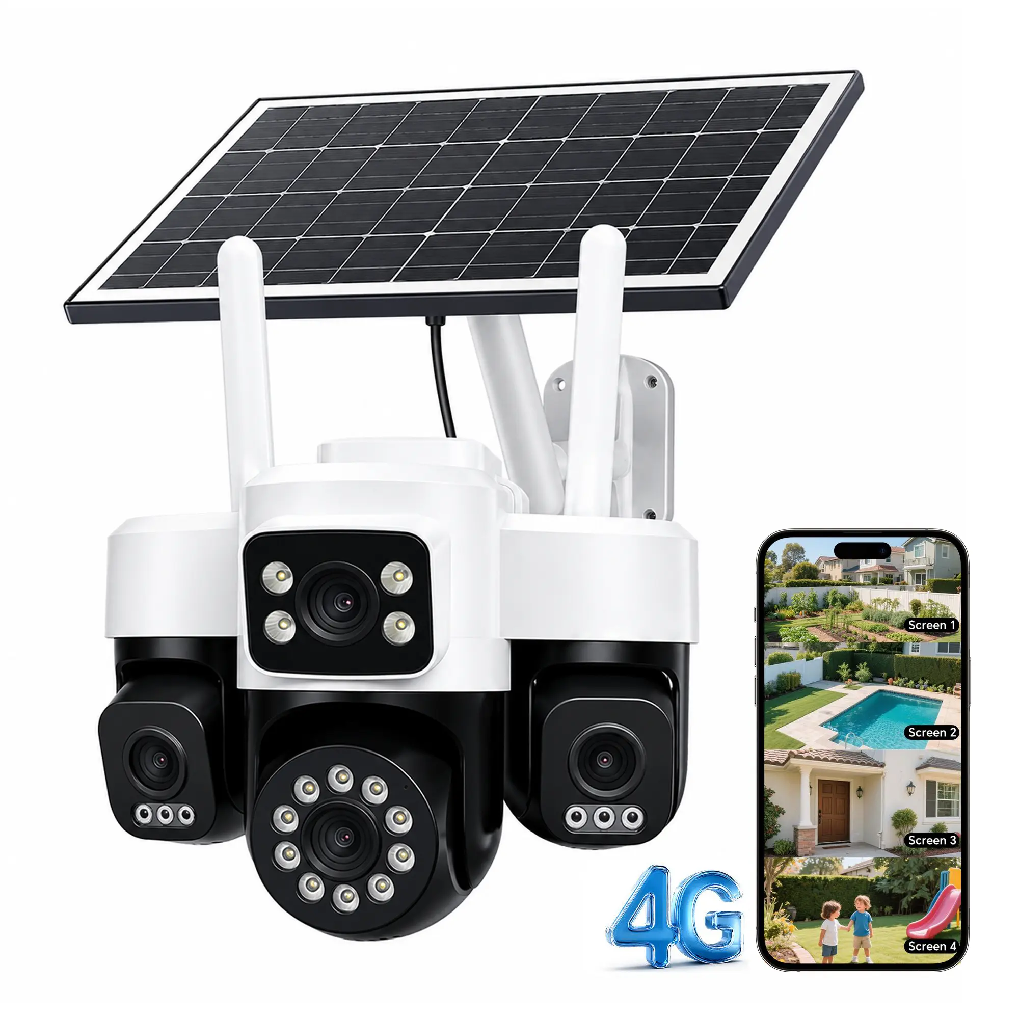 SONIQCFYX 4G LTE Solar Security Camera, Quad-Lens 2K HD CCTV, Dual Solar Panels, 360° Panoramic View, No WiFi Required, HiEasy App Control, Night Vision, Motion Detection, Waterproof Outdoor Camera with 4G Data Card