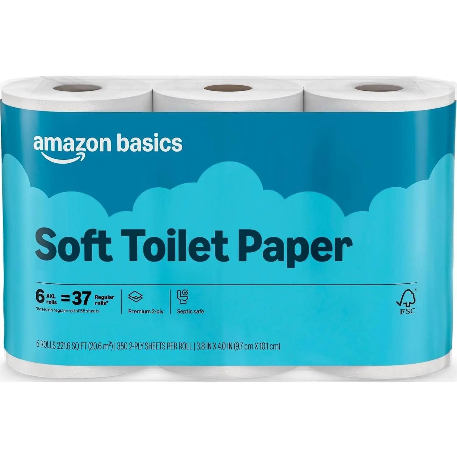 Amazon Basics 2-Ply Soft Toilet Paper, 6 Rolls, 350 Sheets per Roll, Equivalent to 37 Regular Rolls, Septic Safe