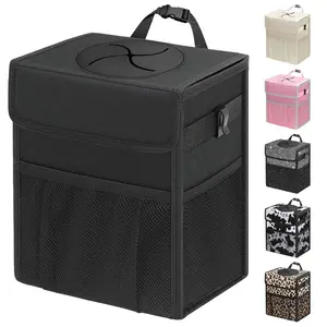 Trash Can with Lid, Leakproof  Trash Bag Hanging  Automotive Garbage Can with Storage Pockets Mini  Trash Bin for /Front Seat(Black,2.5 Gallon)