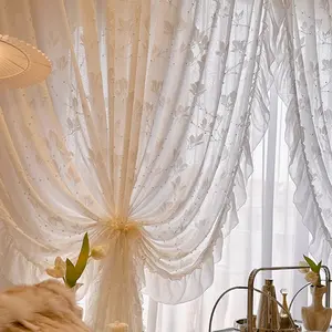 French Style Snowflake Vintage Rococo Luxury Lace Curtain Drapes, Semi-Transparent Ruffled Window Treatment for Balcony Living Room Bedroom