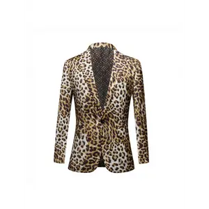 1 Set Men'S Leopard Print Polyester Suit - Casual Slim Fit Lapel Blazer and Trousers with Slight Stretch, Polka Dot Pattern, Fake Pockets - All Season Business and Party Attire