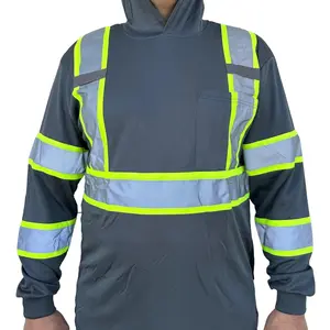 Hoodie Grey High Visibility Safety Shirt With Reflective Stripes Fitted Casual Menswear Long Sleeve Workwear Uniforms