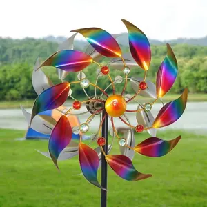 Outdoor Colorful Windmill Spinner with Ground Stake, Iron Dual-Sided Windmill for Garden Yard Lawn Decoration, Gift