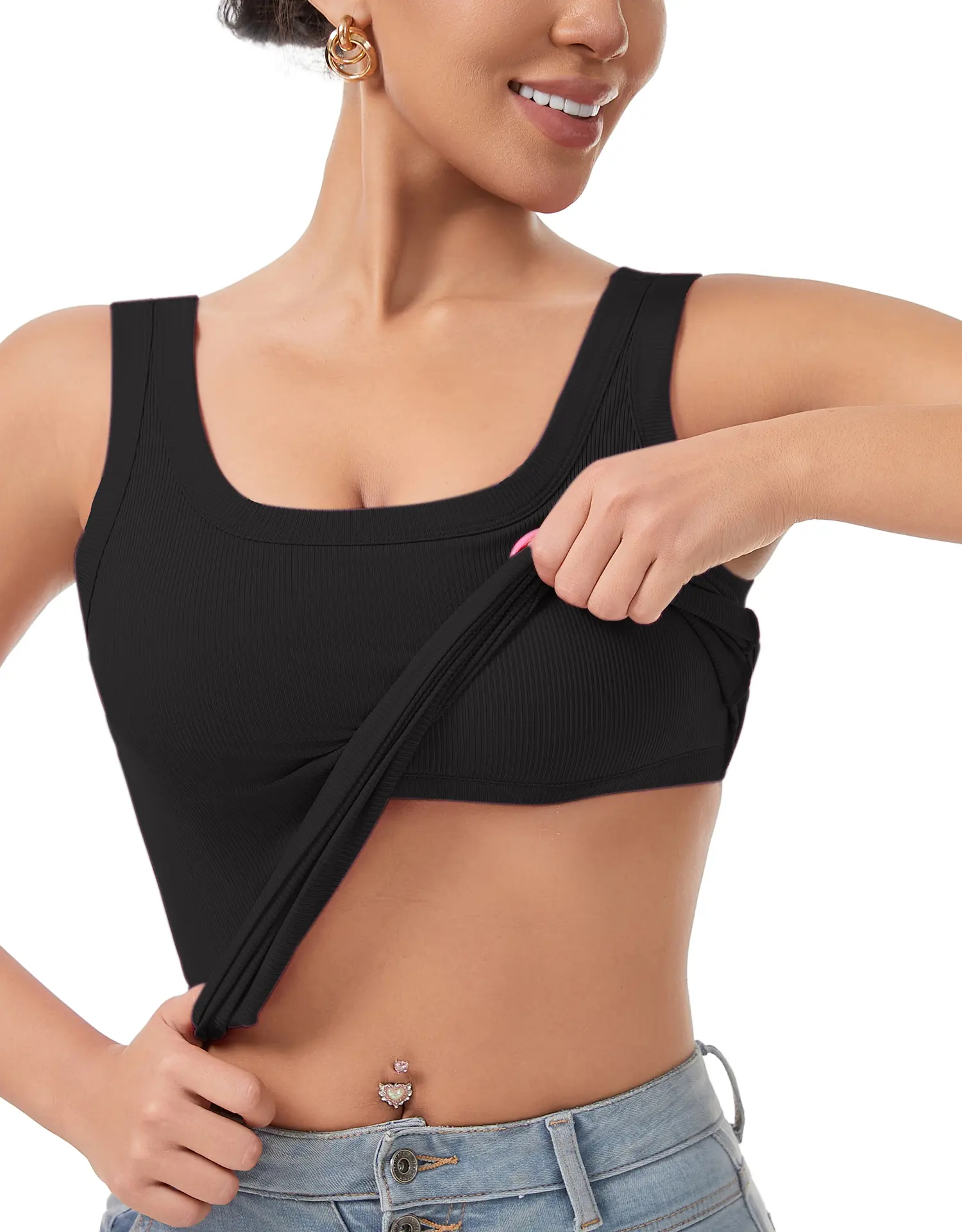 Women's Ribbed Padded Support Crop Tank Top with Built-In Bra - Square Neck, Wide Straps, Sleeveless, Stretch, All-Season Workout Wear for Yoga, Gym Activewear Essentials