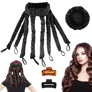 Welltop Heatless Hair Curler, Satin No Heat Hair Curling Rod Headband for Long Hair with Silk Sleep Cap and 2 Hair Clips, Soft Rollers Hair Curlers to Sleep in Overnight for Women Girl, Black Haircare