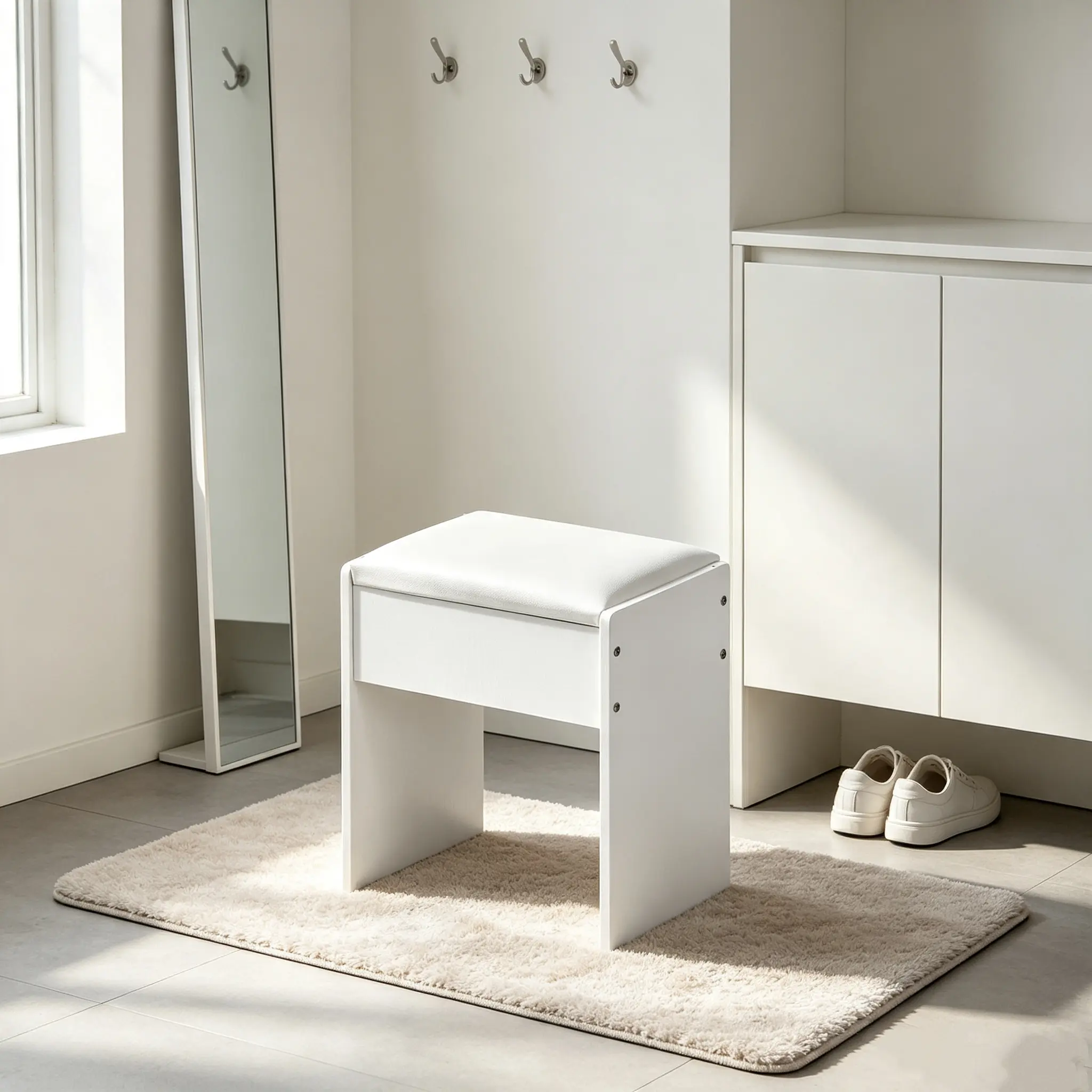 White Upholstered Vanity Stool with Padded Seat - Modern Makeup Dressing Table Stool, Square Ottoman for Bedroom, Bathroom, Stool For Bathroom