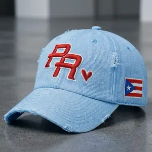 Puerto Rican Pride Distressed Dad Hat Baseball Cap with PR Heart & Embroidered Flag Adjustable Fit Design Women’s Headwear Unisex Style Leatherette Patch Hat Classic Black Hat