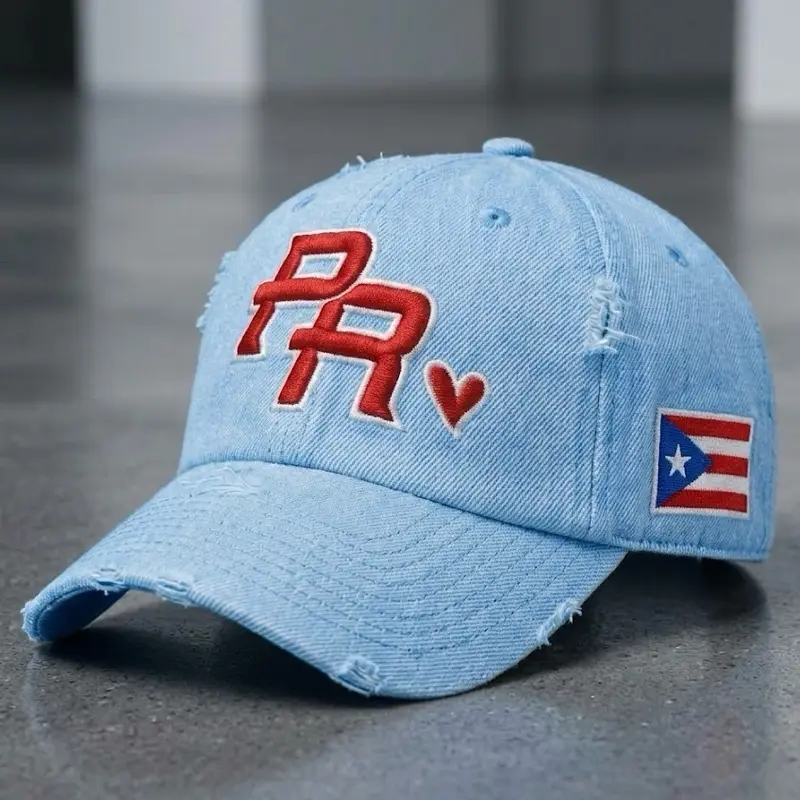 Puerto Rican Pride Distressed Dad Hat Baseball Cap with PR Heart & Embroidered Flag Adjustable Fit Design Women’s Headwear Unisex Style Leatherette Patch Hat Classic Black Hat