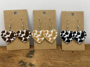 Cow Print Heart Shaped Dangle Earrings - Tan, Black or Brown - 3D Printed, Lightweight Hypoallergenic Fishhooks
