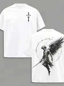 White Fallen Angel Graphic T-Shirt | Short Sleeve Mock Neck Tee | Double-Sided Gothic Cross & Sword-Wielding Angel Print | Edgy Streetwear for Men & Women | Retro Y2K Goth Aesthetic Tops for Summer & Everyday Wear