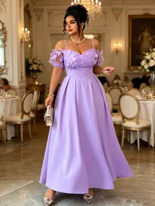 Plus Size Women's Waist-Cinch A-Line Dress, Womenswear Mesh Bubble Sleeve with 3D Flower Design, Perfect for Parties, Weddings, Bridesmaids, Wedding Guest Dress, Evening Events, Elegance