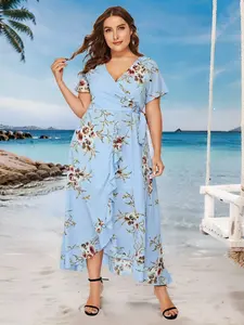 Plus Floral Print Knot Side Surplice Wrap Dress