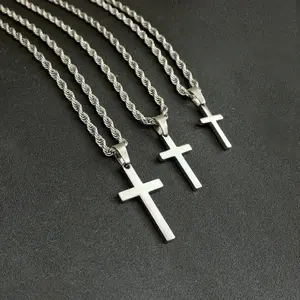 Men's Cross Necklace, Stainless Steel Silver Cross Necklace for Men, Cross Pendant with Rope Chain