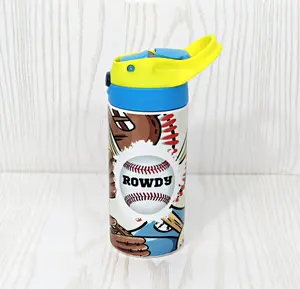 12 oz Stainless Steel Baseball Tumbler - Boys Water Bottle - Flip Top - Insulated Reusable - Straw - Personalized Custom with Handle