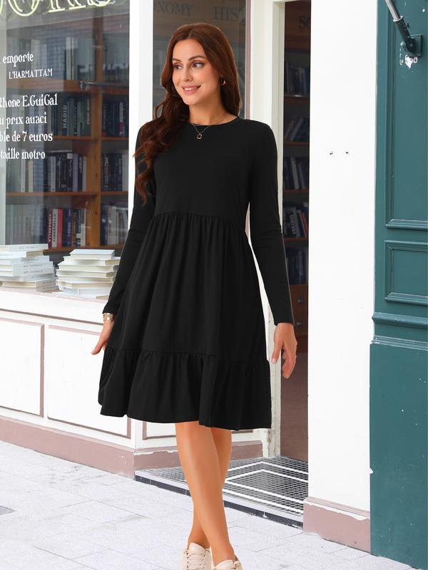 INSPIRE CHIC Women's Casual Long Sleeve Tiered Round Neck Loose A-Line Swing Dress with Pockets Black