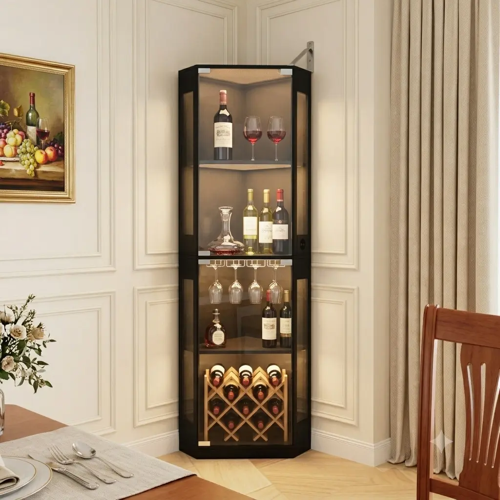 65" 4-Tier Corner Display Cabinet with Glass Doors, 3 Color LED Lights & Human Body Sensor, Adjustable Shelves for Collectibles, Liquor, Game Room, Black curio cabinet bookcase brottar multi layer