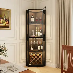 65" 4-Tier Corner Display Cabinet with Glass Doors, 3 Color LED Lights & Human Body Sensor, Adjustable Shelves for Collectibles, Liquor, Game Room, Black