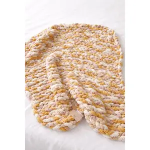 Sunlit Meadow Chunky Knit Blanket | Blush and Yellow Striped Throw | Handmade Oversized Knit