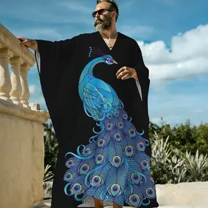 Men's V-Neck Pullover Peacock Print Loose Caftan, Exotic Bird Feather Graphic Lightweight Beach Cover Up, Breathable Short Sleeve Resort Lounge Sleep Shirt for Men