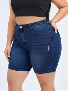 【Plus Size】 Women's High Waist Ripped Stretch Denim Mom Shorts, Casual Comfy Skinny Shorts for Daily Wear, Women's Bottoms for Summer