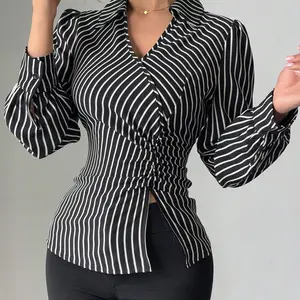 Women's Striped Shirt with Slim Fit, Fashionable Vertical Stripes for a Flattering Look, Suitable for Casual and Commuter Wear