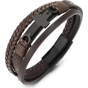 Mens Women Steel Horizontal Sideway Lateral Flat Cross Multi-Strand Leather Bangle Bracelet