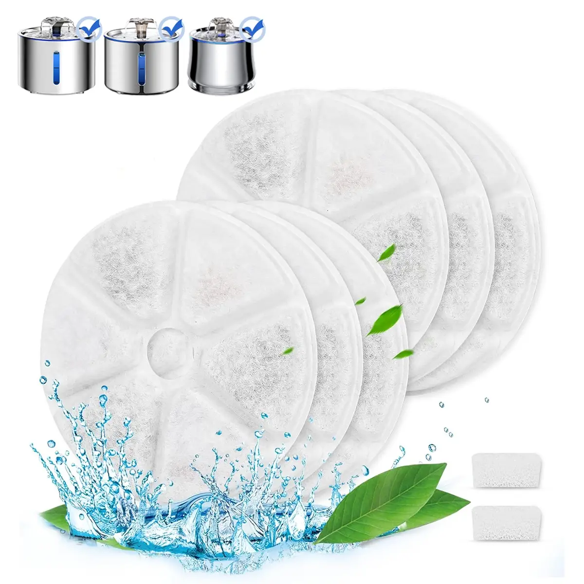 Cat Water Fountain Replacement Filter, 6 Counts Filter Elements & 2 Counts Sponges, Suitable for Cat and Dog Water Fountain Accessories