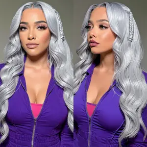AMZ Gray Human Hair Wig 13x6 Body Wave Full Lace Frontal Wigs Raw Brazilian Hair HD Transparent Lace Front Wig Colored Silver Grey 100% Human Hair Wigs For Black Women Pre Plucked With Baby Hair Woman Girl Party Daily Use Glueless Hd Wigs Glueless Curly W